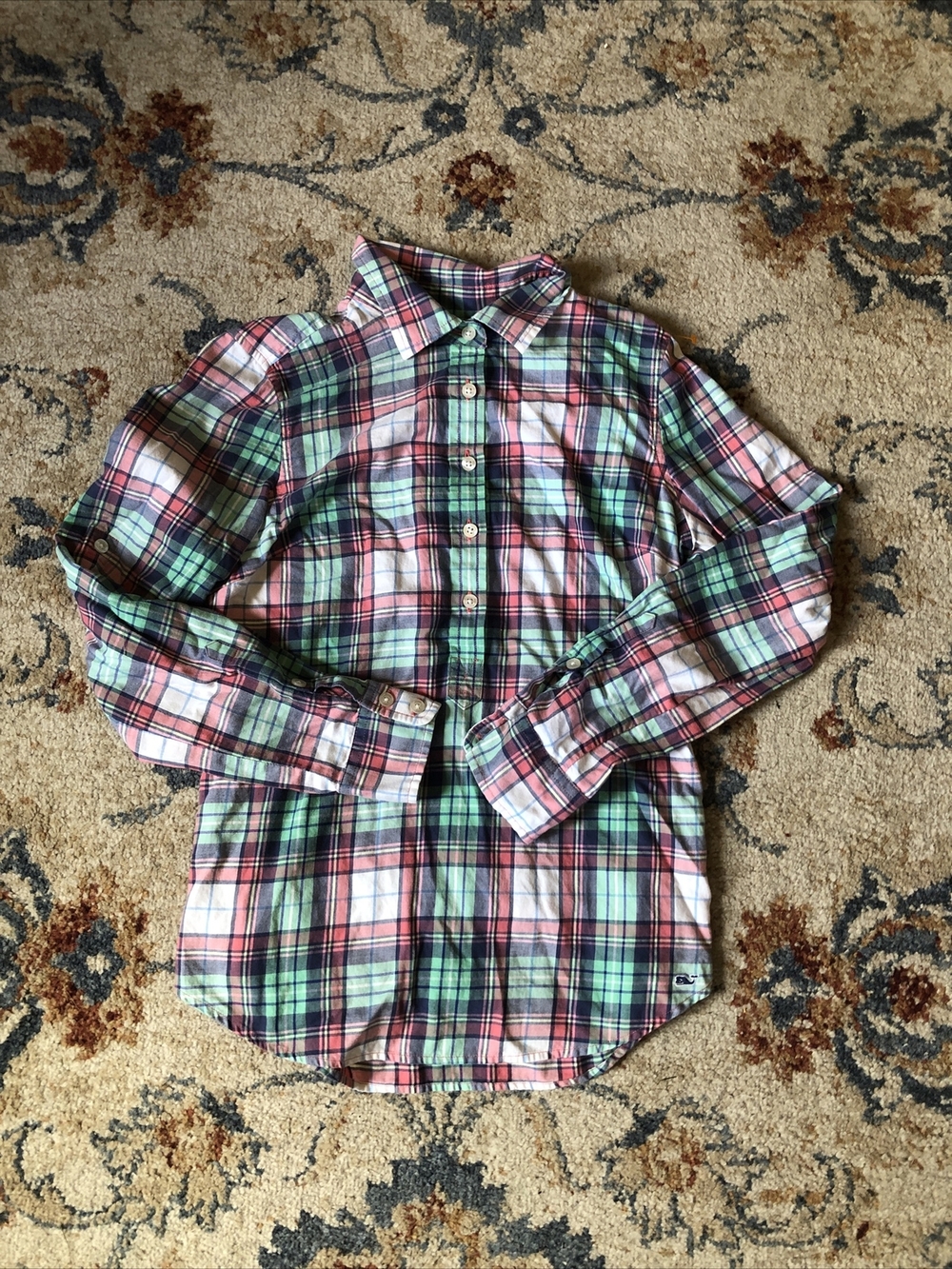 Vineyard Vines Green Blue Pink Button Front Plaid Shirt Size 2